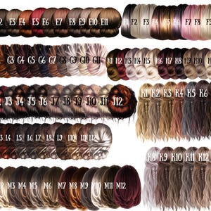 May include: A collection of hair color swatches, each labeled with a letter and number combination. The swatches display a variety of shades, including blonde, brown, red, and black, suitable for hair color selection.