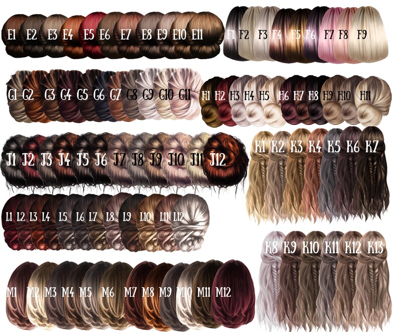 May include: A collection of hair color swatches, each labeled with a letter and number combination. The swatches display a variety of shades, including blonde, brown, red, and black, suitable for hair color selection.