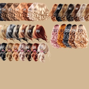 May include: A collection of illustrations showcasing various hairstyles and hair colors. The image features a range of shades, from dark black to light blonde, with each style numbered for easy reference. The styles include wavy, curly, and ponytails.