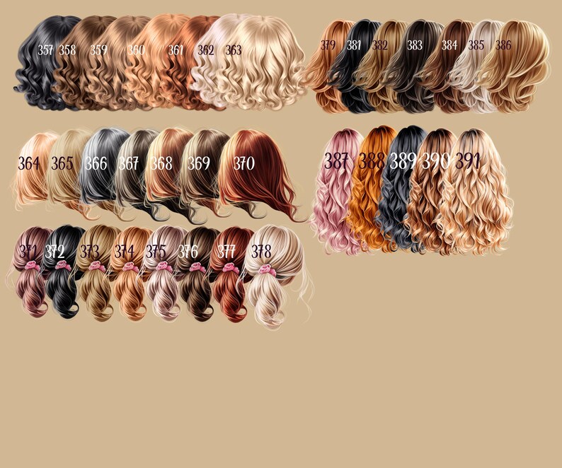 May include: A collection of illustrations showcasing various hairstyles and hair colors. The image features a range of shades, from dark black to light blonde, with each style numbered for easy reference. The styles include wavy, curly, and ponytails.