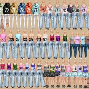 May include: A collection of fashion illustrations featuring various outfits. The illustrations showcase a range of tops, including hoodies, tank tops, and blouses, paired with jeans and shorts. Each outfit is numbered for easy reference, offering a diverse selection of styles.