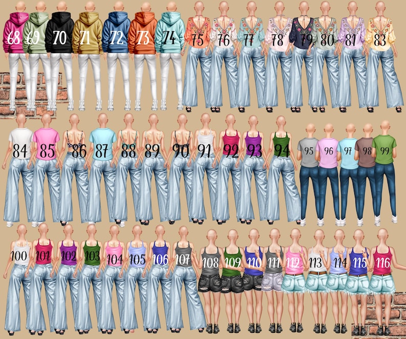 May include: A collection of fashion illustrations featuring various outfits. The illustrations showcase a range of tops, including hoodies, tank tops, and blouses, paired with jeans and shorts. Each outfit is numbered for easy reference, offering a diverse selection of styles.