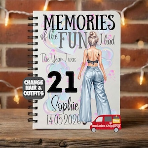 May include: A spiral-bound notebook with the text "MEMORIES of the FUN I had" and "21 Sophie 14.05.2026". The cover features an illustration of a woman in jeans and a black top, with a bubble background.