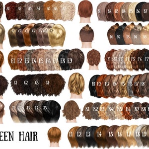 May include: A collection of illustrations showcasing various teen hair styles and colors. The image displays a variety of hair colors, including shades of brown, blonde, black, and red. The text "TEEN HAIR" is at the bottom.