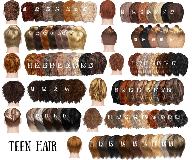 May include: A collection of illustrations showcasing various teen hair styles and colors. The image displays a variety of hair colors, including shades of brown, blonde, black, and red. The text "TEEN HAIR" is at the bottom.