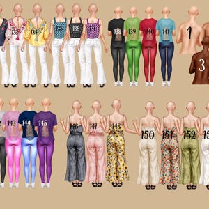 May include: A collection of fashion illustrations featuring various outfits. The outfits include tops with jeans, jumpsuits, and pantsuits in a variety of colors and patterns. Each illustration is numbered, with the numbers ranging from 132 to 153.