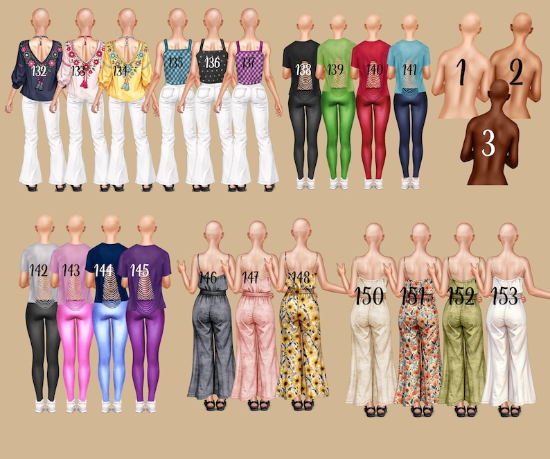 May include: A collection of fashion illustrations featuring various outfits. The outfits include tops with jeans, jumpsuits, and pantsuits in a variety of colors and patterns. Each illustration is numbered, with the numbers ranging from 132 to 153.