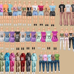 May include: A collection of fashion illustrations featuring various outfits. The image showcases diverse clothing styles, including tops, shorts, skirts, and pants. The color palette includes a range of hues, from pastels to bold shades, with each figure numbered for reference.