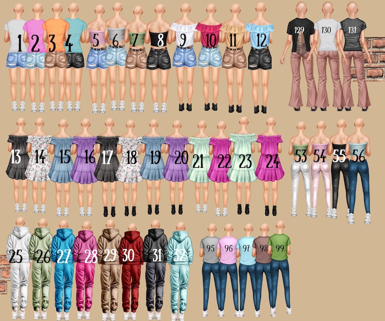 May include: A collection of fashion illustrations featuring various outfits. The image showcases diverse clothing styles, including tops, shorts, skirts, and pants. The color palette includes a range of hues, from pastels to bold shades, with each figure numbered for reference.