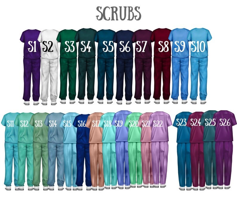 May include: Illustration of 26 sets of scrubs in various colors, including purple, white, green, teal, blue, and maroon. Each set is labeled with a number from S1 to S26. The word "SCRUBS" is written at the top.