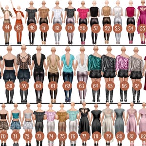May include: A digital illustration of 83 different women wearing various outfits. The women are all standing in a row, and each one is wearing a different outfit. The outfits are a mix of casual and formal, and they include dresses, skirts, pants, and tops. The women are all smiling and looking happy.