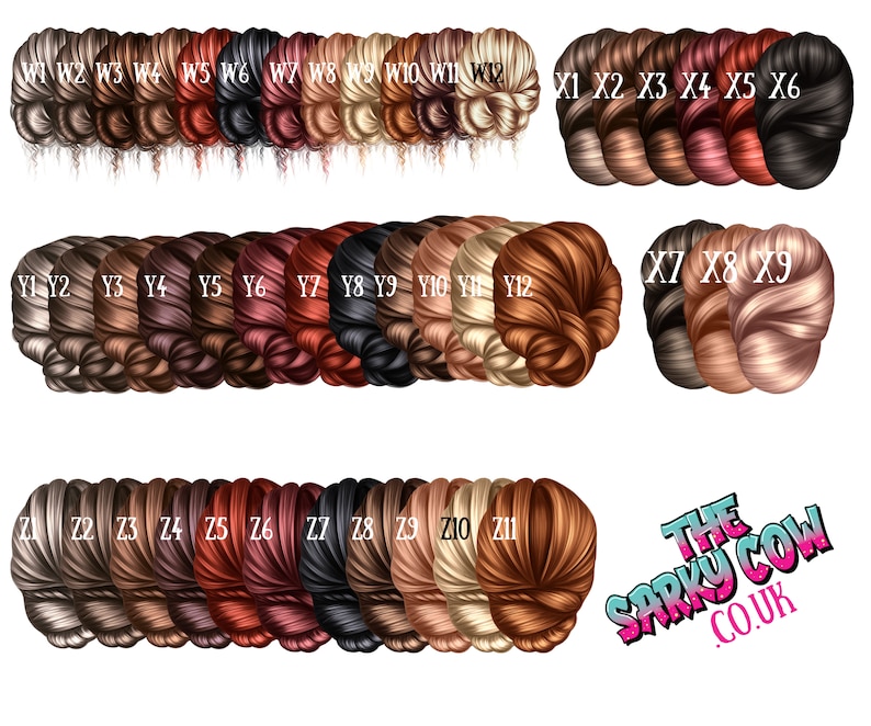 May include: A color chart of 33 different shades of brown, blonde, and red hair colors. The hair colors are arranged in rows and columns. The chart is labeled with the letters W, X, Y, and Z, and numbers 1 through 12. The chart is titled "The Sarky Cow.co.uk".