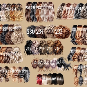 May include: A collection of illustrations showcasing various hairstyles, including wavy, curly, and braided styles. The color palette ranges from blonde and brown to black and gray. Each style is numbered for easy reference.