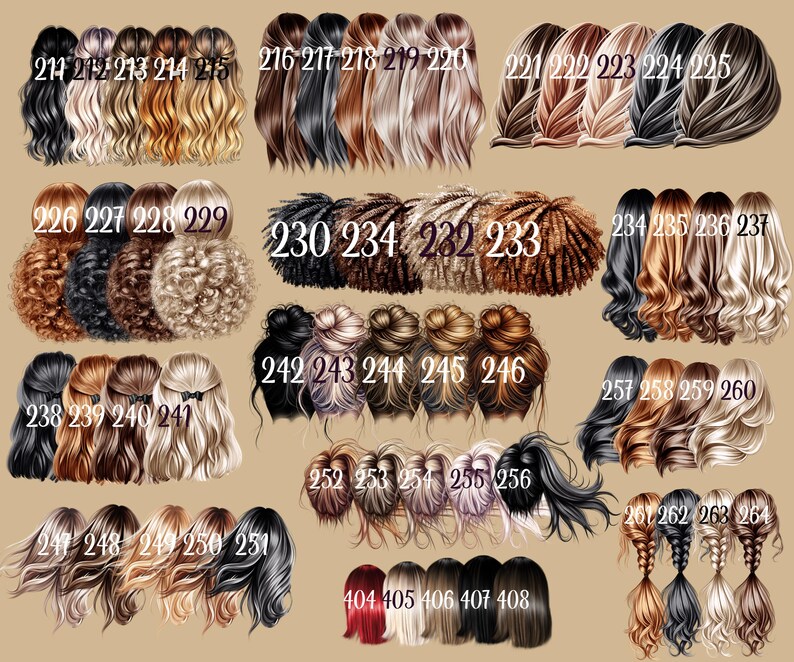 May include: A collection of illustrations showcasing various hairstyles, including wavy, curly, and braided styles. The color palette ranges from blonde and brown to black and gray. Each style is numbered for easy reference.