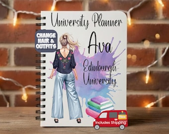 May include: A spiral-bound University Planner with the name "Ava" and "Edinburgh University" printed on the cover. The cover features an illustration of a woman and a purple watercolor splash. A small red van with the text "Includes Shipping" is also present.