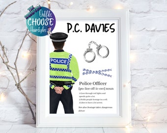 May include: A personalized illustration of a police officer with the name "P.C. DAVIES" at the top. The officer is wearing a blue uniform with a green vest that says "POLICE" on it. The illustration includes handcuffs and a police tape design.