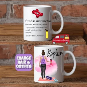 May include: Two white ceramic mugs. One mug features the text "fitness instructor" with a definition and red dumbbells. The other mug has the name "Sophie" and a graphic of a woman in workout clothes. A red toy truck is also present.