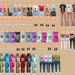 May include: A fashion illustration featuring a variety of outfits. The image displays diverse clothing styles, including tops, shorts, skirts, and trousers. The colour palette includes a range of hues, from pastels to bold shades, with each figure numbered for reference.