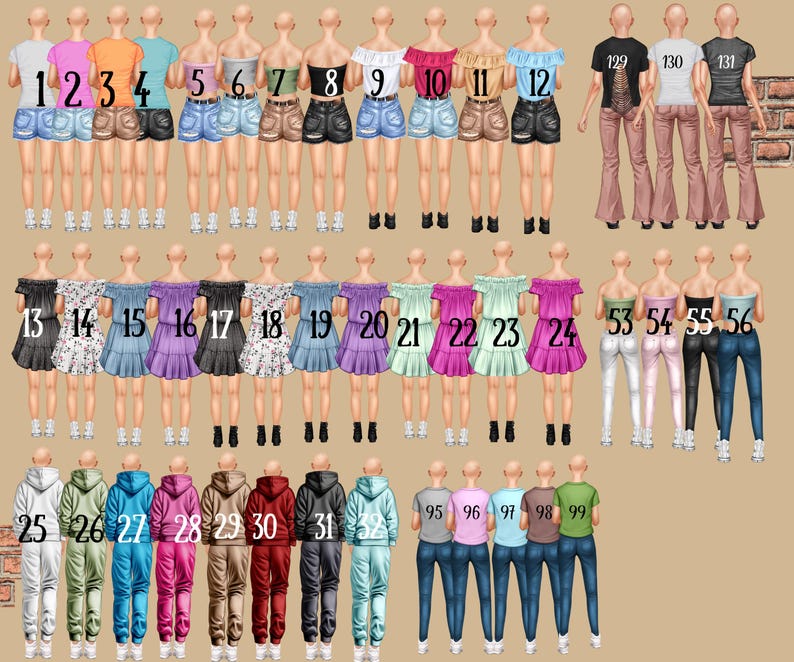 May include: A fashion illustration featuring a variety of outfits. The image displays diverse clothing styles, including tops, shorts, skirts, and trousers. The colour palette includes a range of hues, from pastels to bold shades, with each figure numbered for reference.