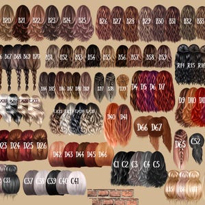 May include: A collection of illustrated hair styles in various colors and lengths. The image includes a variety of hairstyles, including braids, buns, and flowing locks, with each style labeled with a letter and number combination.