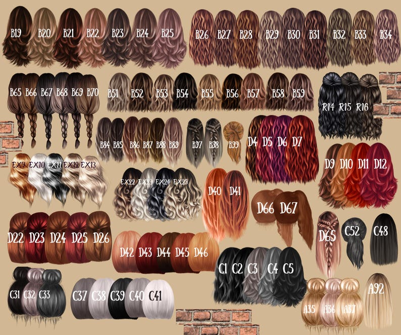 May include: A collection of illustrated hair styles in various colors and lengths. The image includes a variety of hairstyles, including braids, buns, and flowing locks, with each style labeled with a letter and number combination.