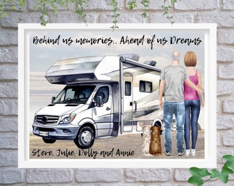May include: A watercolor illustration of a couple and two dogs standing in front of a white RV. The text "Behind us memories.. Ahead of us Dreams" is at the top of the image. The text "Steve. Julie. Dolly and Annie" is at the bottom of the image.