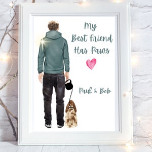 May include: A watercolour illustration of a person walking a dog. The person is wearing a teal hoodie and jeans. The dog is brown and white. The text "My Best Friend Has Paws" is written in black above a pink heart. The text "Paul & Bob" is written in black below the heart.