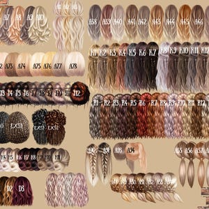 May include: A collection of illustrated hair styles in various colors and lengths. The image features a variety of hairstyles, including braids, ponytails, and loose waves, with color variations from blonde to black. Each style is labeled with a letter and number combination.