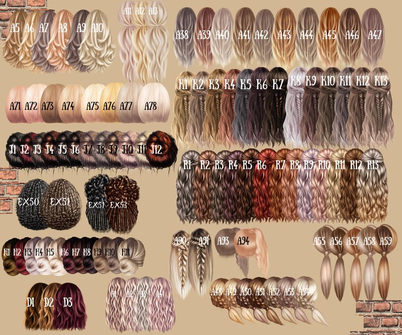 May include: A collection of illustrated hair styles in various colors and lengths. The image features a variety of hairstyles, including braids, ponytails, and loose waves, with color variations from blonde to black. Each style is labeled with a letter and number combination.