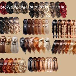 May include: A collection of illustrations showcasing various hairstyles and hair colors. The image features a range of styles, including braids, waves, and straight hair, with colors from black to blonde and red. Each style is numbered for easy selection.