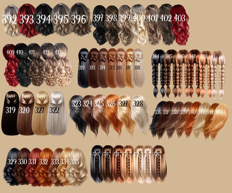 May include: A collection of illustrations showcasing various hairstyles and hair colors. The image features a range of styles, including braids, waves, and straight hair, with colors from black to blonde and red. Each style is numbered for easy selection.