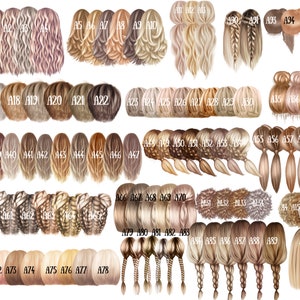May include: A chart of 92 different hairstyles, each with a unique color and style. The hairstyles are arranged in rows and columns, and each hairstyle is labeled with a number.