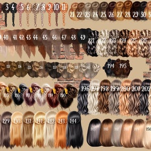 May include: A collection of 203 different hair styles and colors, including braids, buns, and loose styles. The color palette ranges from blonde and brown to black and red. Each style is numbered for easy reference.