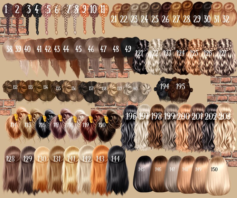 May include: A collection of 203 different hair styles and colors, including braids, buns, and loose styles. The color palette ranges from blonde and brown to black and red. Each style is numbered for easy reference.