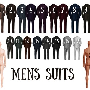 May include: A set of 17 men's suits in various colors and patterns, numbered 1 through 17. The suits are displayed on a white background.