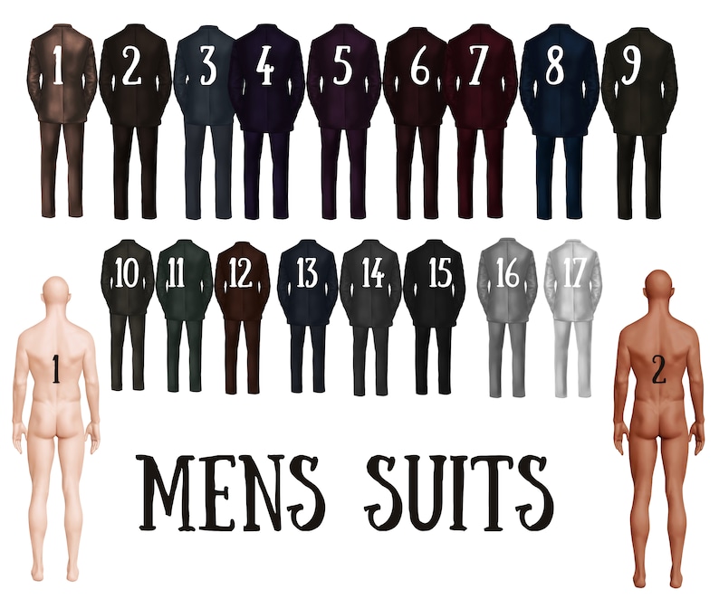 May include: A set of 17 men's suits in various colors and patterns, numbered 1 through 17. The suits are displayed on a white background.