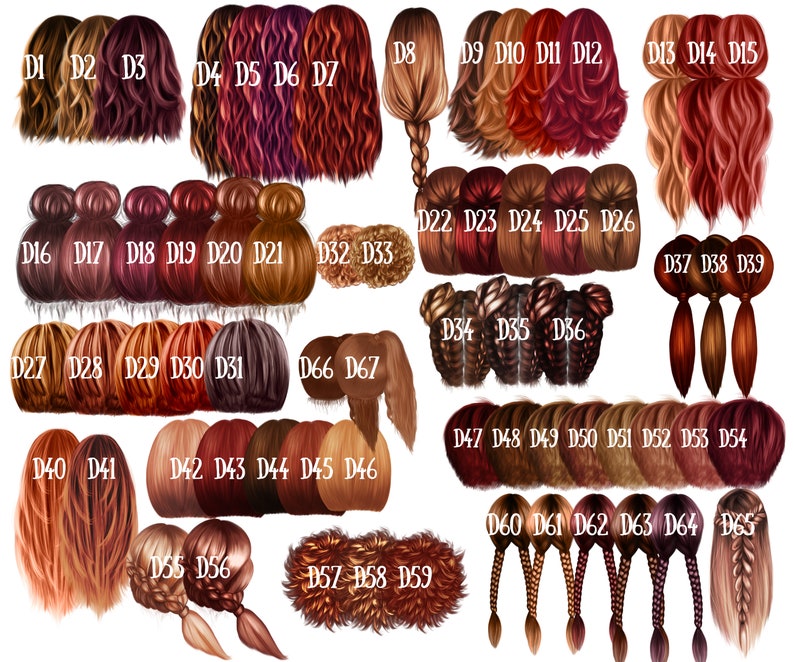 May include: A collection of 65 different hair styles, each with a unique color and texture. The hair styles are arranged in rows and labeled with numbers. The hair styles are all in a similar style, with long, flowing hair.