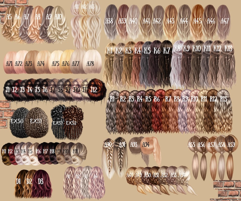 May include: An illustration showcasing a range of hairstyles in diverse colours and lengths. The image presents various styles, such as braids, ponytails, and loose waves, with colours spanning from blonde to black. Each style is identified with a letter and number combination.
