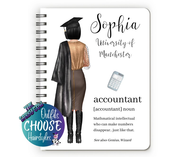 May include: A spiral-bound notebook with a graduation-themed illustration. The illustration features a figure in a graduation cap and gown, with the name "Sophia" and the text "University of Manchester." Additional text includes "accountant" and a definition.
