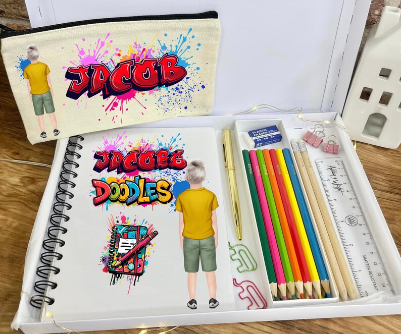Personalised gifts for boys stationery set, Kids planner, Personalised coloured pencils, Personalised kids notebook, childrens notebook Full Monty-All Items