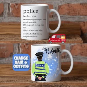 May include: Two white ceramic mugs with black text and illustrations. One mug has the definition of "police". The other mug has a police officer illustration and the text "PC Smith". The mugs are on a wooden shelf.