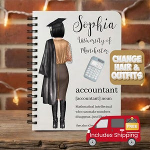 May include: A spiral-bound notebook with a graduation-themed illustration. The illustration features a figure in a graduation gown and cap, with the name "Sophia" and "University of Manchester" above. A calculator and the word "accountant" are also included.
