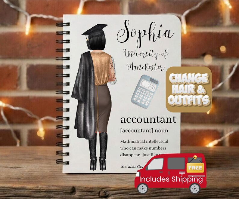 May include: A spiral-bound notebook with a graduation-themed illustration. The illustration features a figure in a graduation gown and cap, with the name "Sophia" and "University of Manchester" above. A calculator and the word "accountant" are also included.