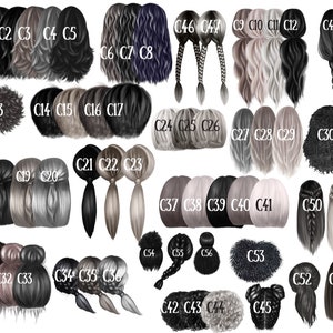 May include: A digital illustration of 50 different hairstyles, each labeled with a number. The hairstyles are a mix of black, brown, blonde, and gray hair, with some featuring braids, buns, and ponytails.