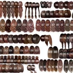 Pu&ograve; includere: Un grafico con 100 diversi stili di capelli, ognuno etichettato con una lettera e un numero. Le acconciature sono tutte variazioni di capelli castani, con diverse lunghezze, stili e texture.