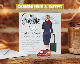 Cabin Crew Card, Flight Attendant Card, Change Hair and Outfit and Add Name, Birthday, Good Luck, New Job, Congratulations, Anniversary UK