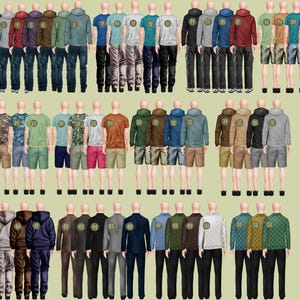 May include: A selection of men's clothing, including hoodies, t-shirts, shorts, and suits. The colour palette features blues, greens, browns, and greys. Each outfit is displayed on a mannequin, showcasing different styles and combinations.