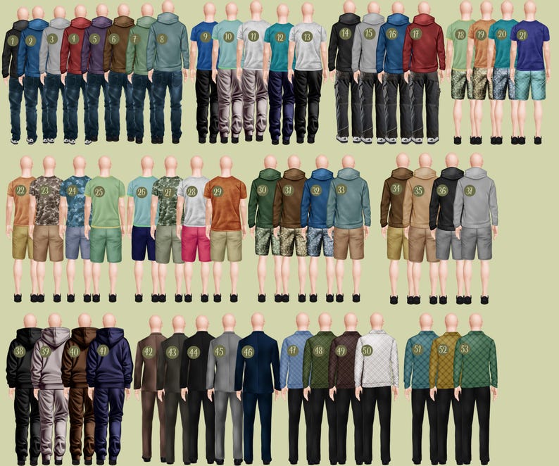 May include: A selection of men's clothing, including hoodies, t-shirts, shorts, and suits. The colour palette features blues, greens, browns, and greys. Each outfit is displayed on a mannequin, showcasing different styles and combinations.