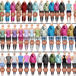 May include: A set of 127 digital illustrations of people wearing different outfits. The illustrations are in a cartoon style and feature a variety of colors and patterns.