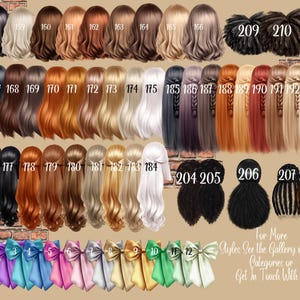 May include: A collection of illustrated hairstyles in various colors, including black, brown, blonde, and red, with numbers identifying each style. Also shown are colorful bows in shades of purple, blue, pink, and green. Text at the bottom reads "For More Styles See the Gallery in Shop Categories or Get In Touch With Us."